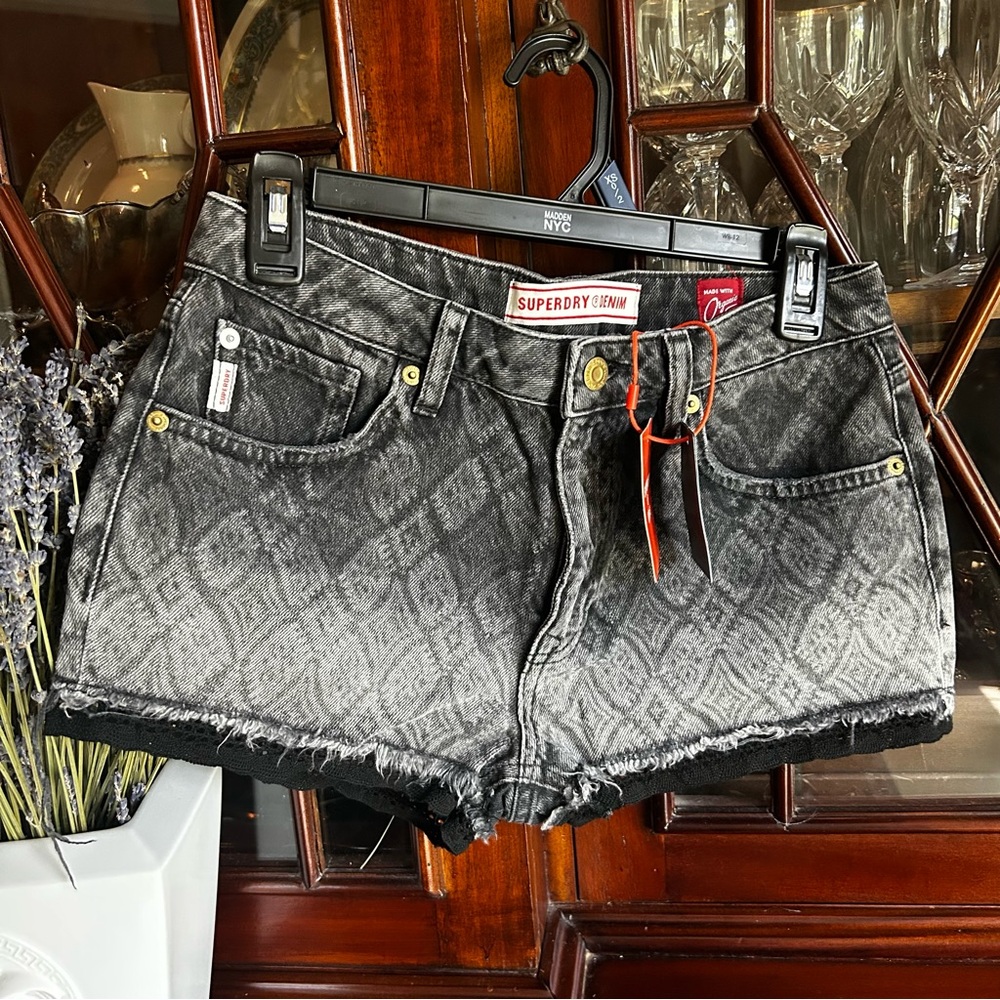 Superdry Vintage Hot Short Women's Black Lace Trim Denim Shorts
